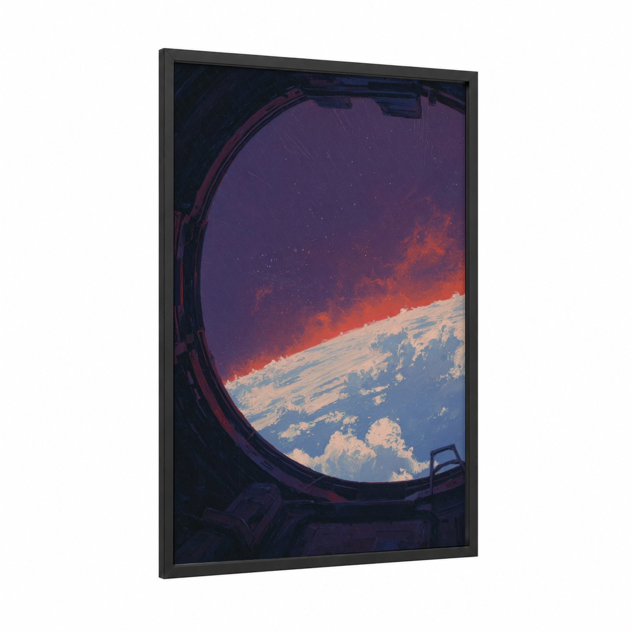 Orbital Window framed art print — black wood frame — purple and orange palette