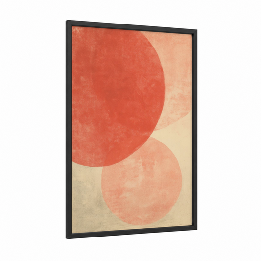Coral Geometry framed abstract minimalist print — black wood frame — peach and cream palette
