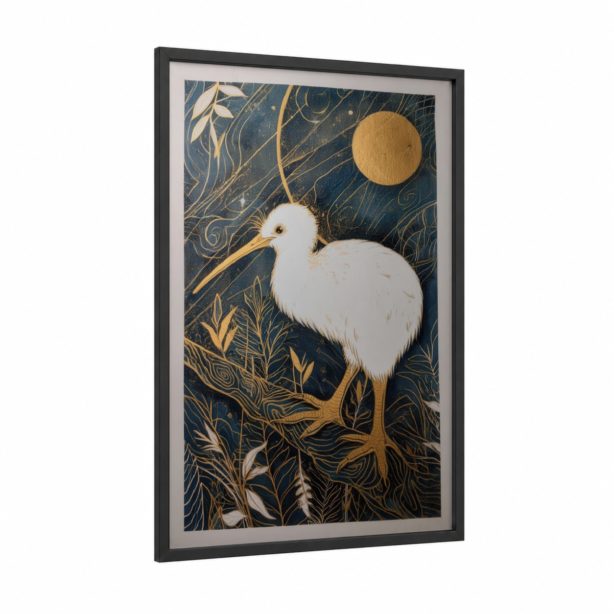 Moonlit Kiwi framed art print — black wood frame — dark blue and gold palette