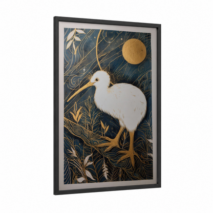 Moonlit Kiwi framed art print — black wood frame — dark blue and gold palette