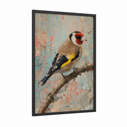 Goldfinch Perch framed art print — black wood frame — teal and peach palette