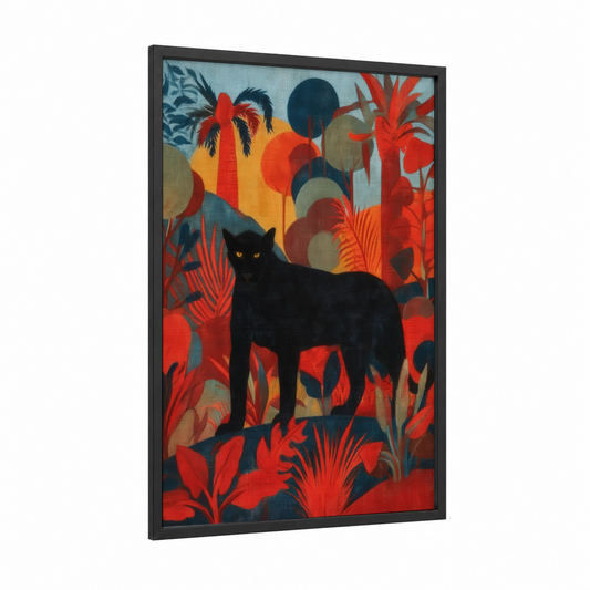 Jungle Panther framed art print — black wood frame — red and gold and white palette
