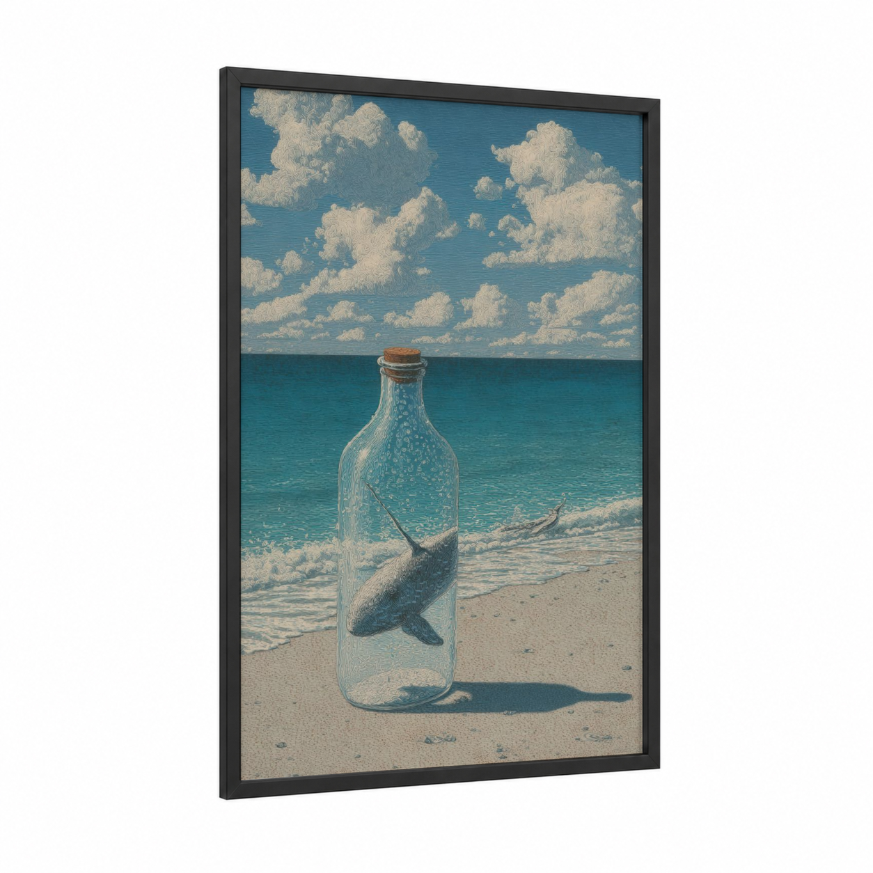Bottled Narwhal framed art print — black wood frame — blue and cream palette