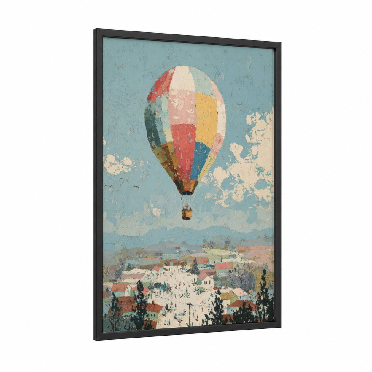 Vintage Balloon Village framed hot air baloon print — black wood frame — blue and cream palette