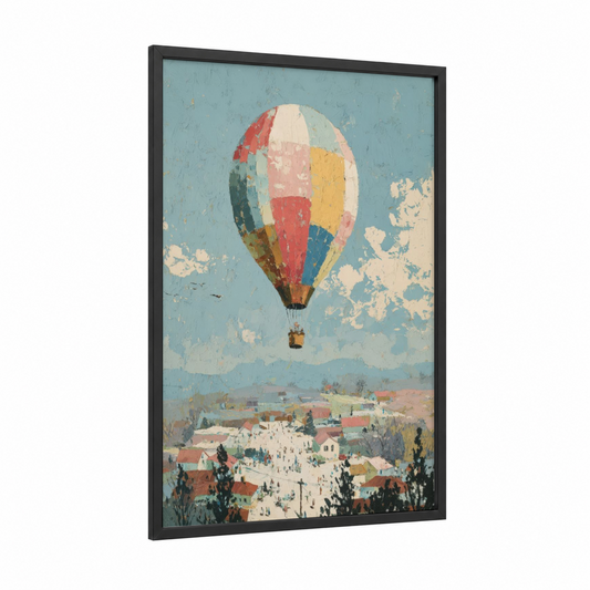 Vintage Balloon Village framed hot air baloon print — black wood frame — blue and cream palette