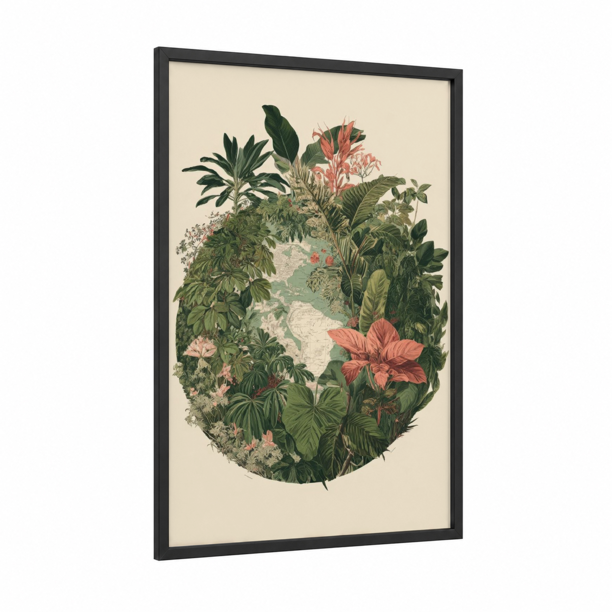 Tropical Earth Sanctuary framed earth day print — black wood frame — dark green and salmon pink palette