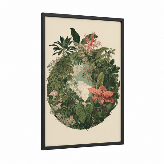 Tropical Earth Sanctuary framed earth day print — black wood frame — dark green and salmon pink palette