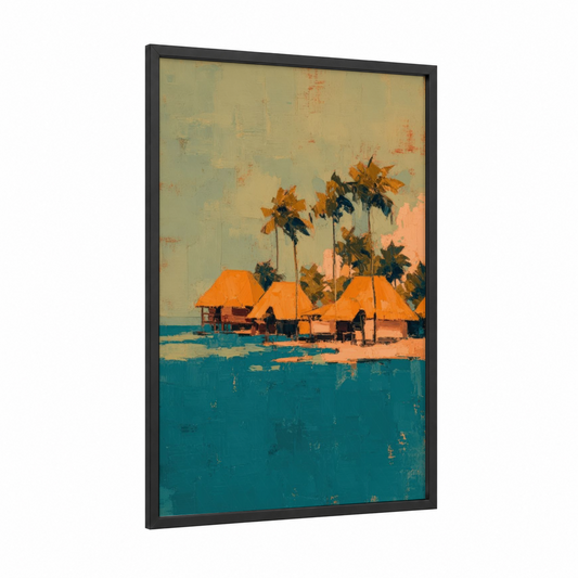 Tropical Village Retreat framed art print — black wood frame — orange and teal palette