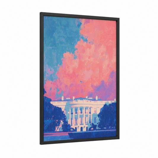 Patriotic Dreamscape framed white house print — black wood frame — blue and pink palette