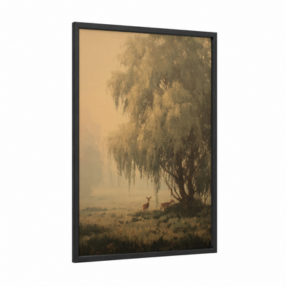 Misty Willow Morning framed willow forest print — black wood frame — gold and sage green palette