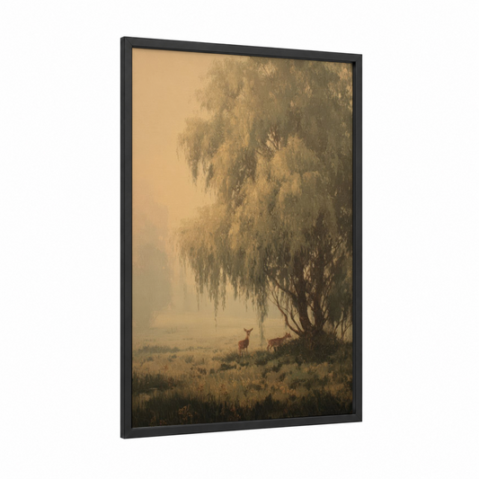 Misty Willow Morning framed willow forest print — black wood frame — gold and sage green palette
