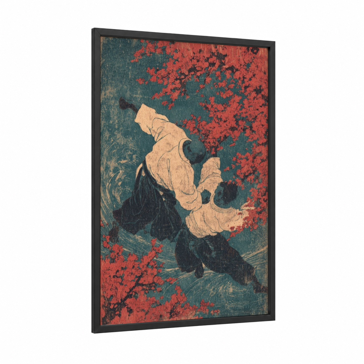 Crimson Judo Match framed art print — black wood frame — red and dark blue palette