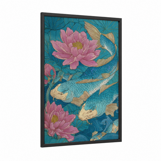Lotus Koi Ballet framed amarillys print — black wood frame — teal and pink palette