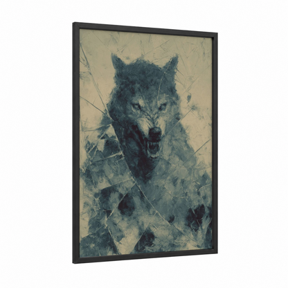 Feral Werewolf framed art print — black wood frame — black and white and blue palette