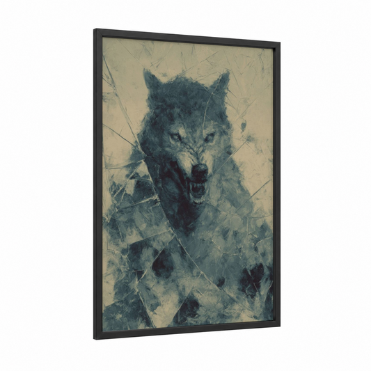 Feral Werewolf framed art print — black wood frame — black and white and blue palette