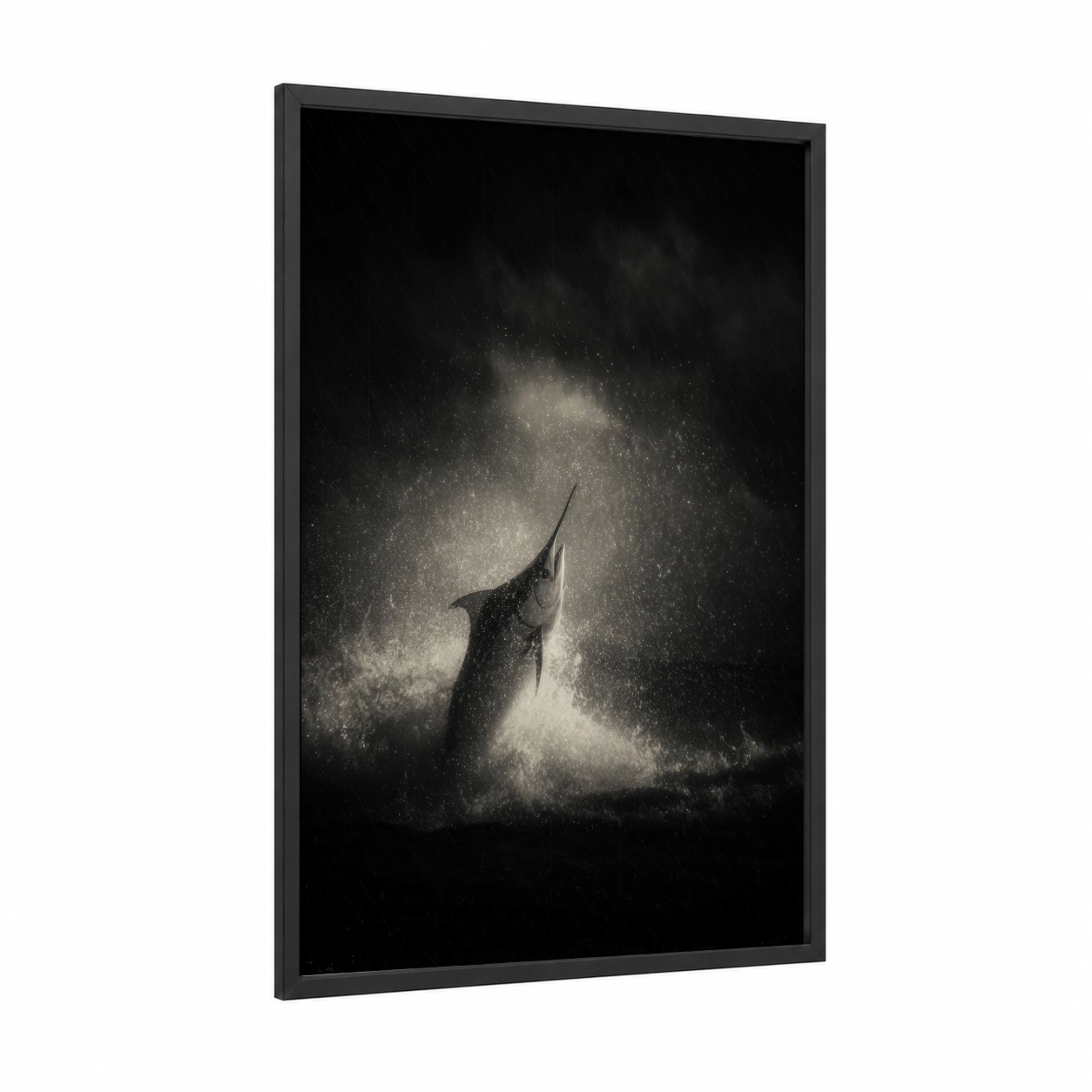 Marlin Breach framed blue marlin print — black wood frame — black and white and gray palette