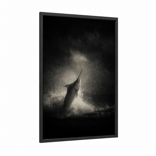 Marlin Breach framed blue marlin print — black wood frame — black and white and gray palette