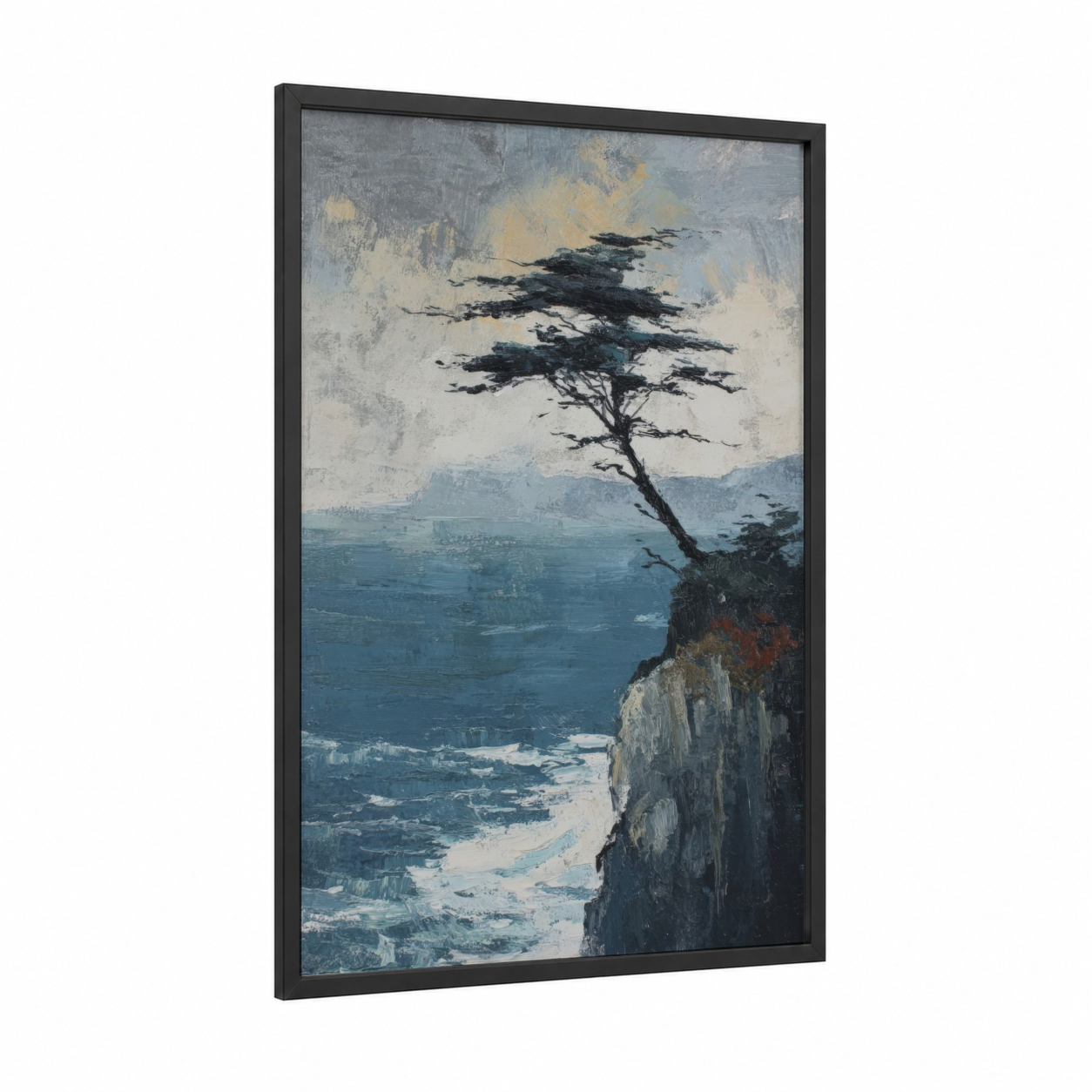 Windswept Redwood framed redwood tree print — black wood frame — blue and white and gray palette