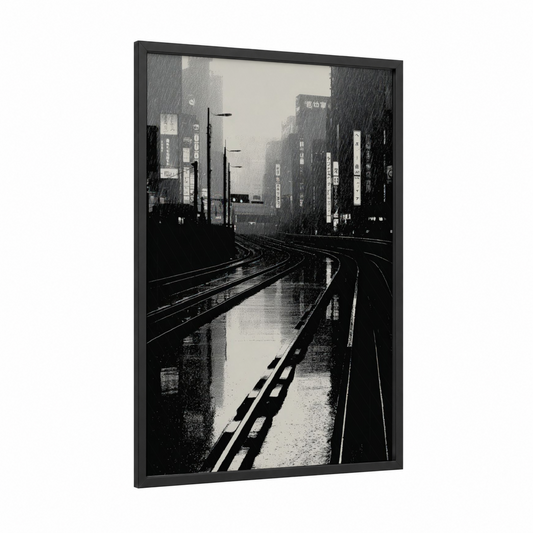 Rainy Tokyo Tracks framed train tracks print — black wood frame — black and white and gray palette