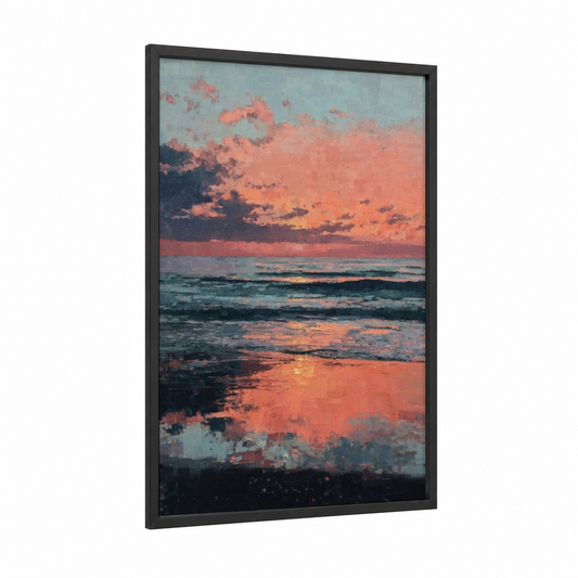 Coral Sunset Seascape framed beach sunrise and sunsets print — black wood frame — salmon pink and blue and gold palette
