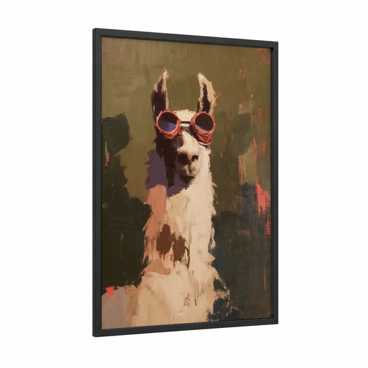 Groovy Llama framed art print — black wood frame — olive and peach palette