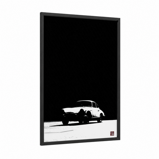 Vintage Sedan Silhouette framed classic car print — black wood frame — black and white palette