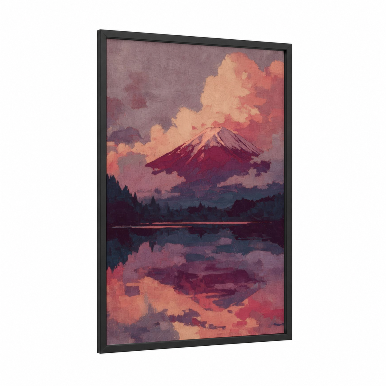 Crimson Fuji Reflection framed mount fuji print — black wood frame — rose gold and maroon palette