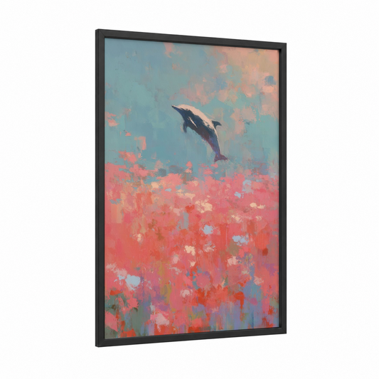 Leaping Dolphin framed dolphins print — black wood frame — blue and salmon pink palette