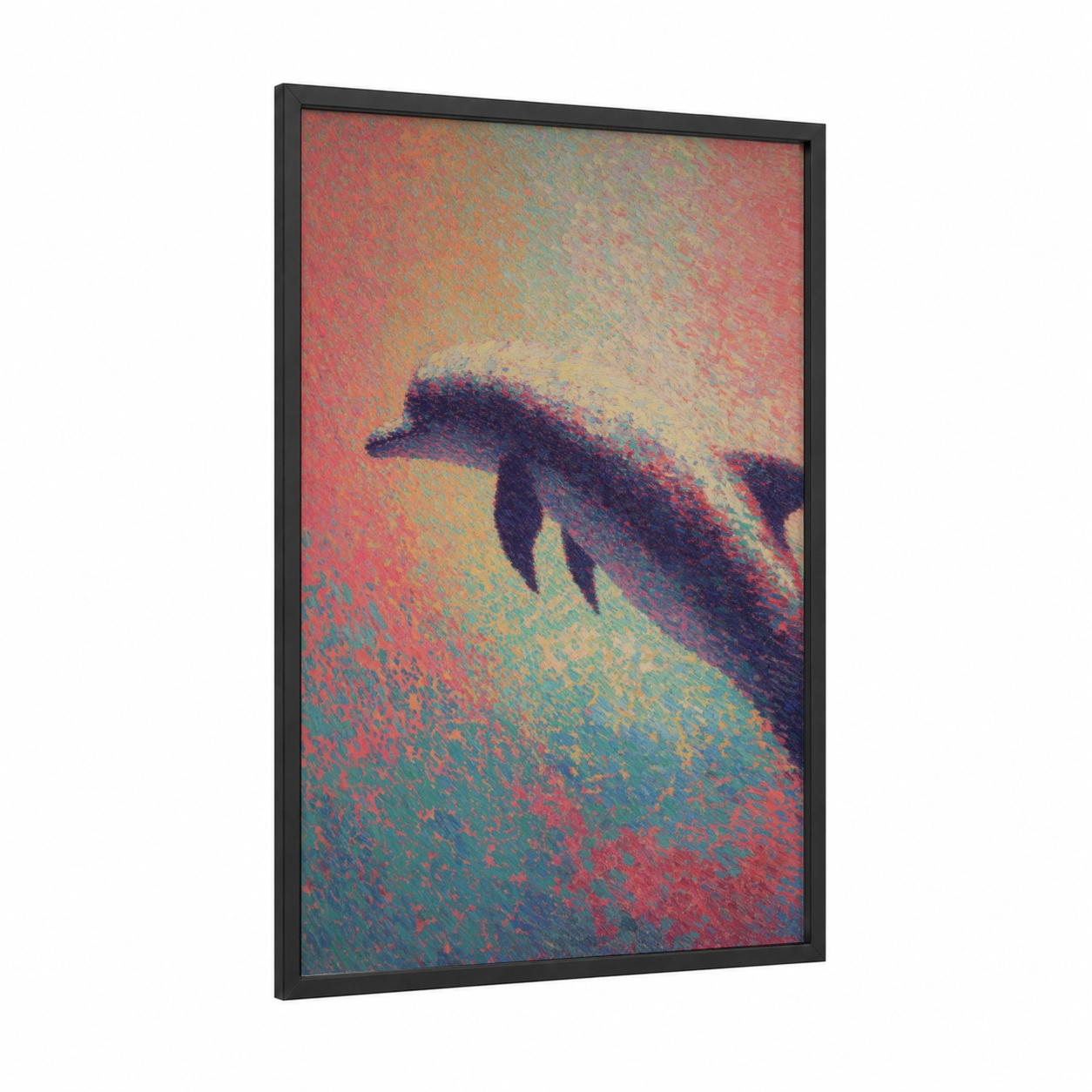 Mystic Dolphins framed art print — black wood frame — orange and teal palette