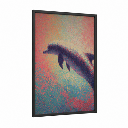 Mystic Dolphins framed art print — black wood frame — orange and teal palette