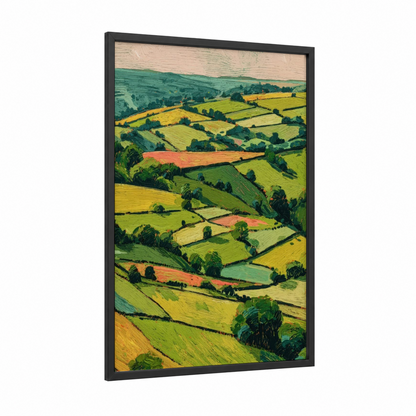 Rolling Meadow Vista framed green field print — black wood frame — green and yellow gold palette