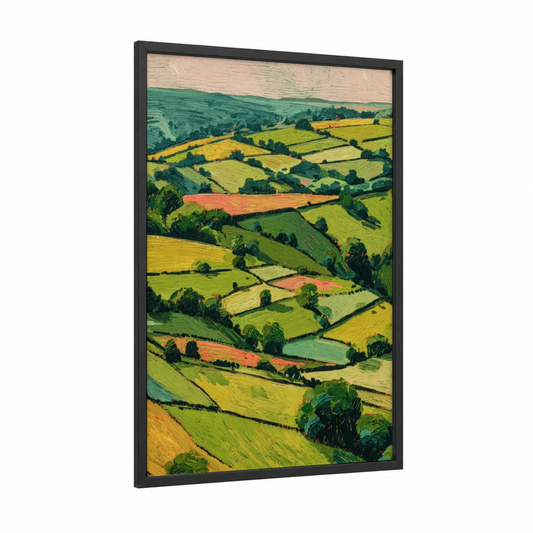 Rolling Meadow Vista framed green field print — black wood frame — green and yellow gold palette