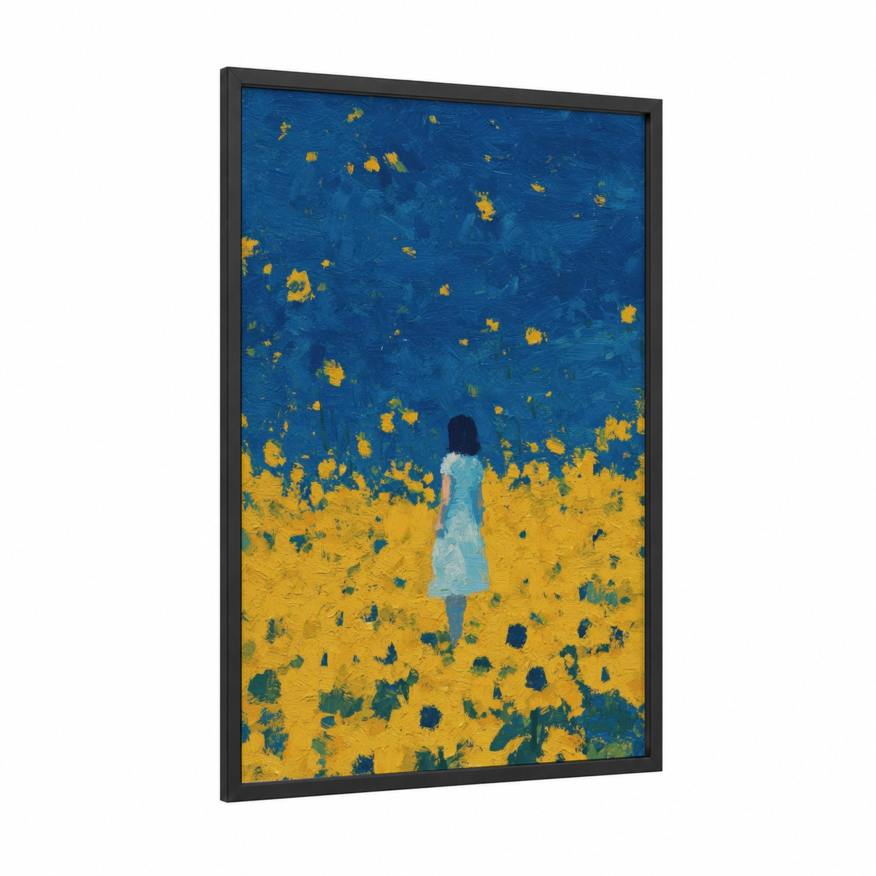 Sunflower Dreamer framed art for girl print — black wood frame — blue and gold and yellow gold palette