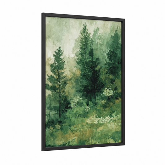 Misty Cedar Forest framed art print — black wood frame — light green and sage green palette