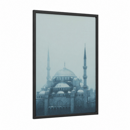 Snowy Mosque framed art print — black wood frame — blue and gray and white palette