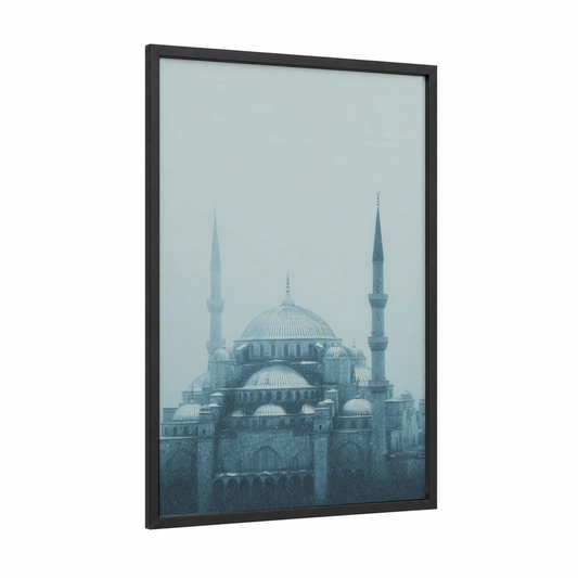 Snowy Mosque framed art print — black wood frame — blue and gray and white palette