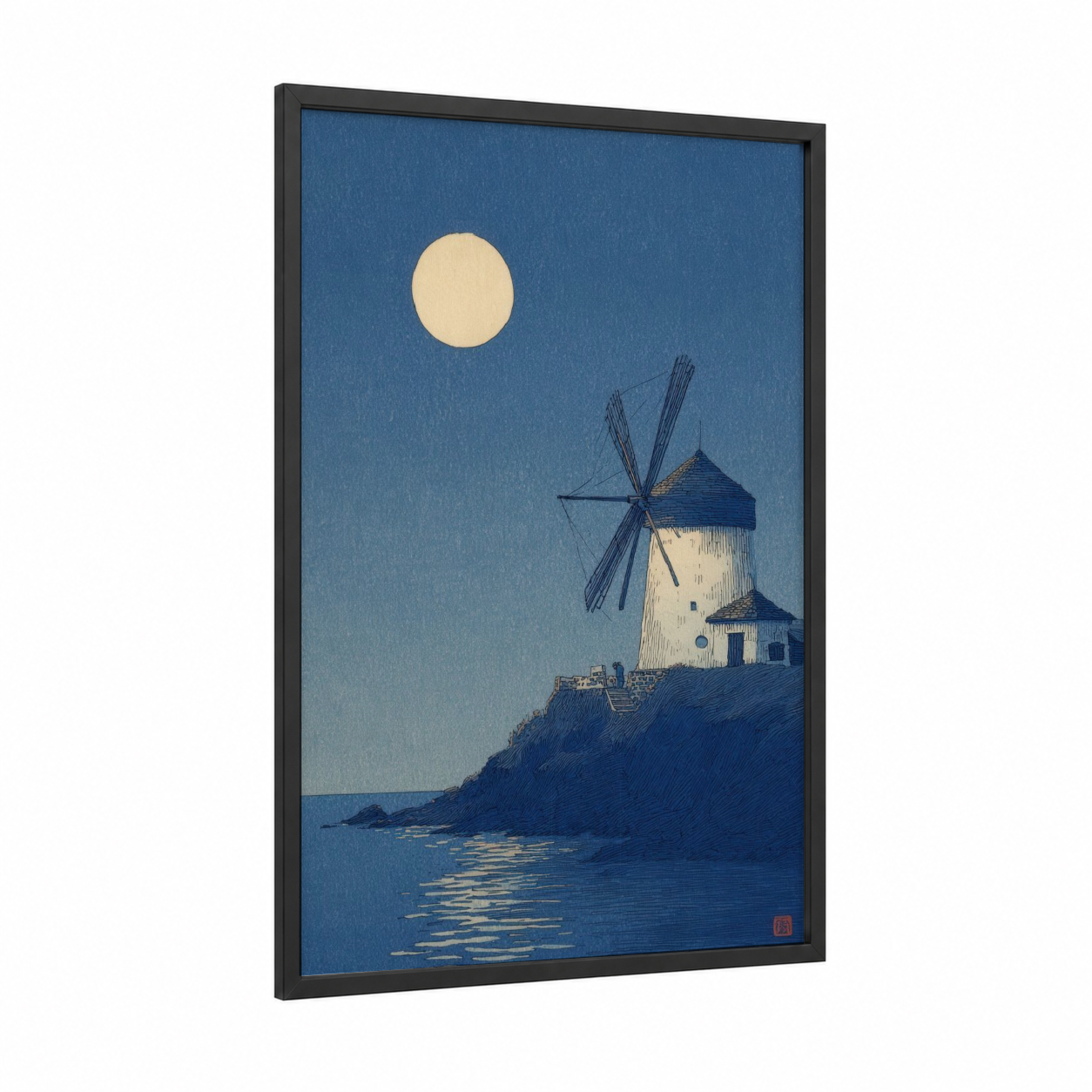 Moonlit Windmill framed windmills print — black wood frame — dark blue and champagne gold palette