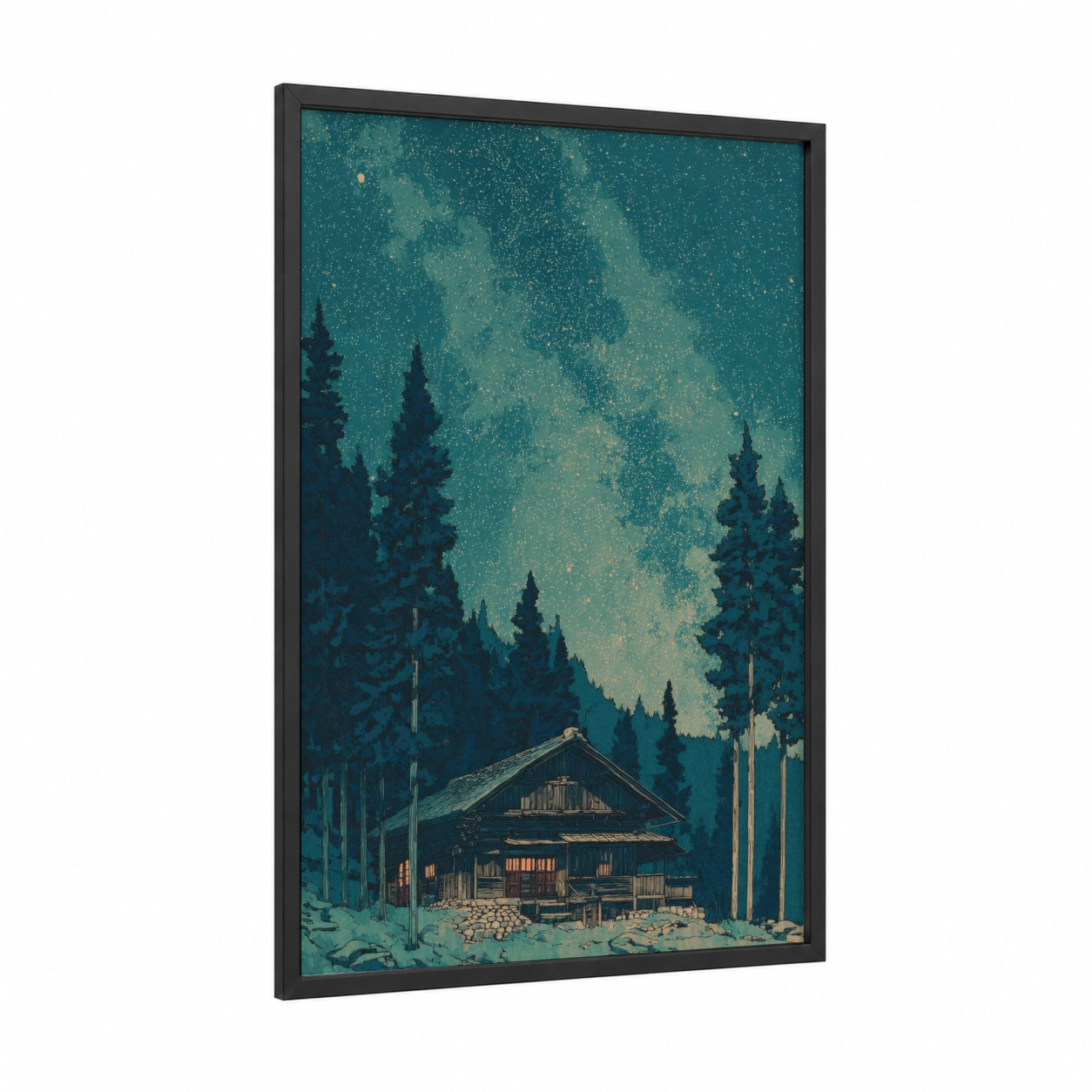 Starlit Cabin framed house print — black wood frame — teal and gold palette