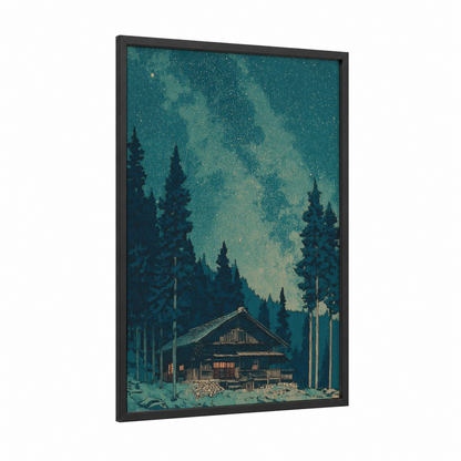Starlit Cabin framed house print — black wood frame — teal and gold palette