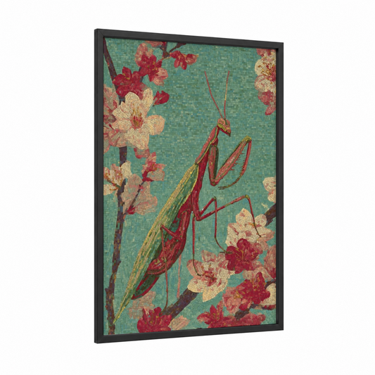 Crimson Mantis Bloom framed prayin mantis print — black wood frame — teal and red palette