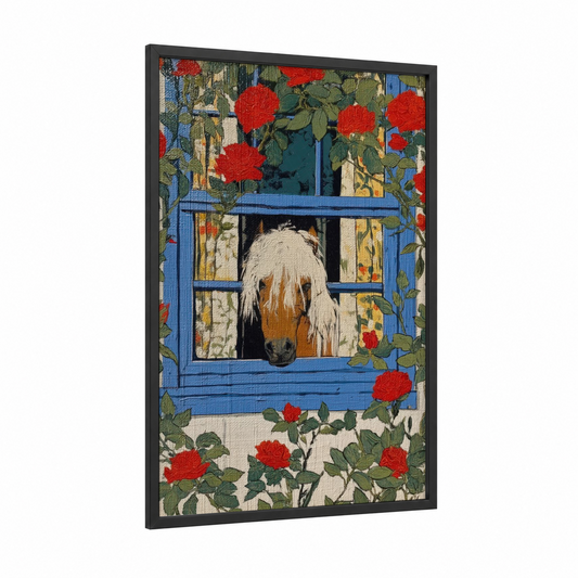Cottage Rose Miniature Horse framed art print — black wood frame — blue and red palette