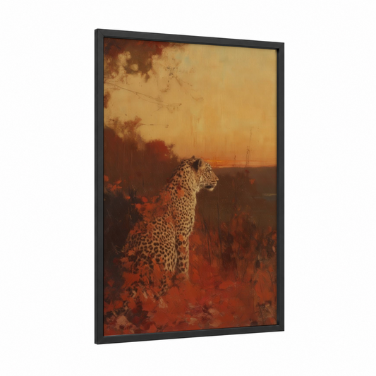 Russet Leopard framed art print — black wood frame — russet and gold palette