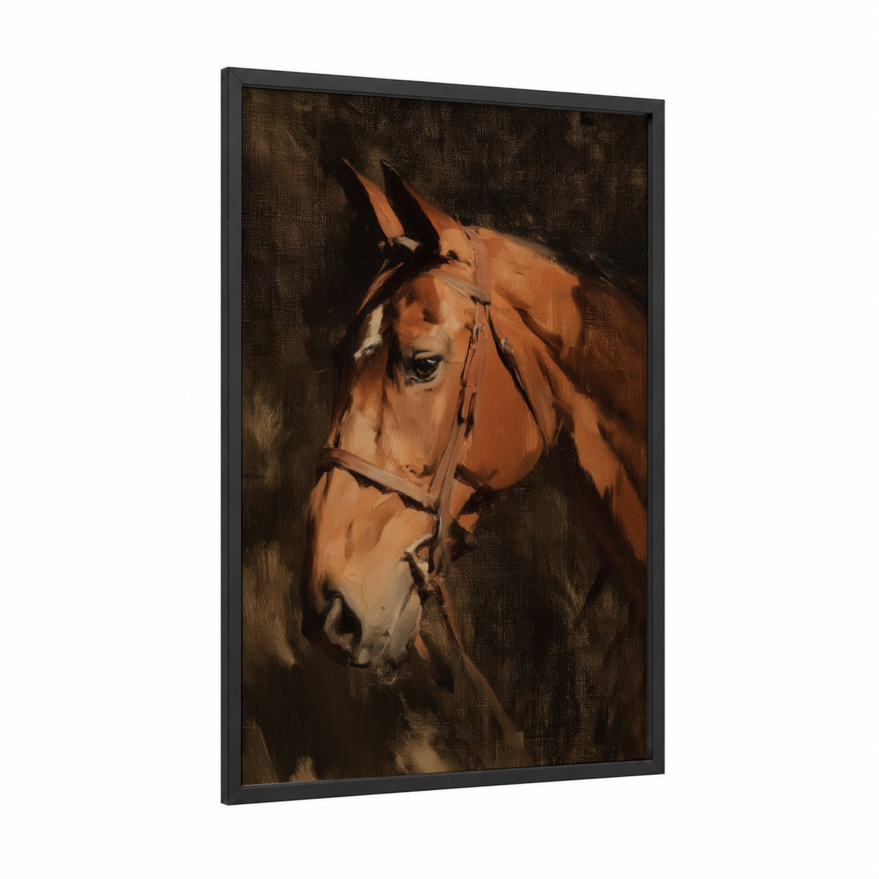Saddled Thoroughbred framed thoroughbred horse print — black wood frame — brown and black palette