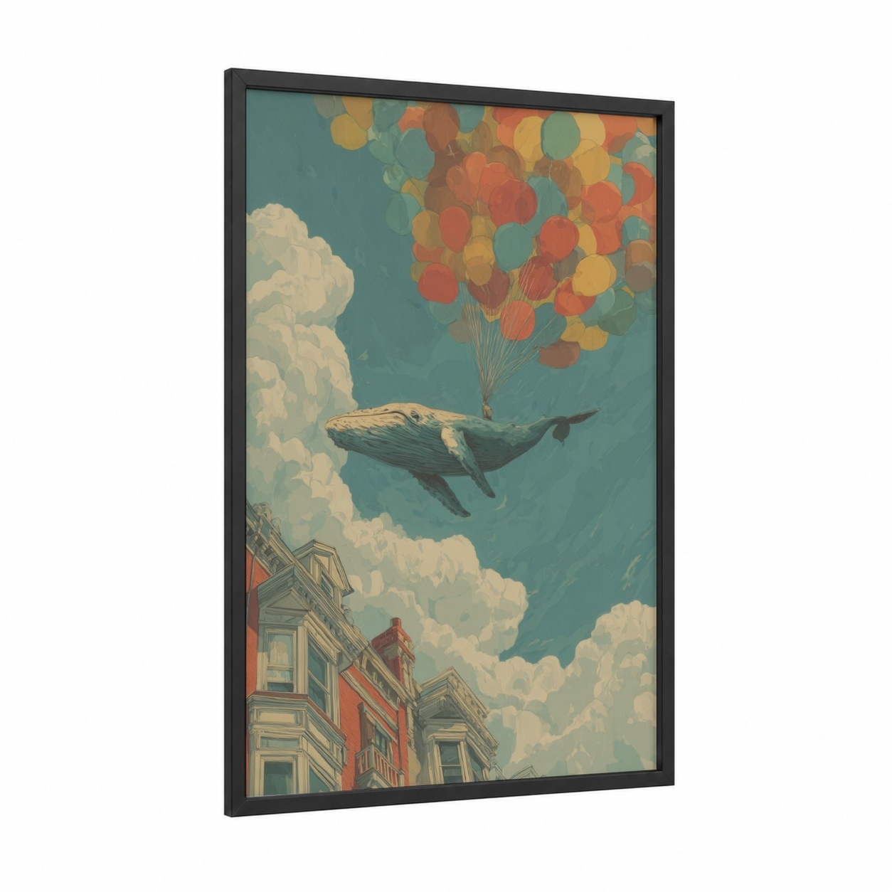 Dreaming Whale framed sperm whale print — black wood frame — teal and gold palette