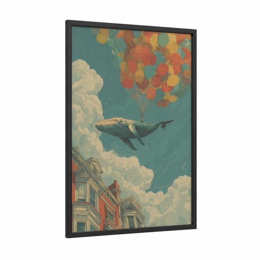 Dreaming Whale framed sperm whale print — black wood frame — teal and gold palette