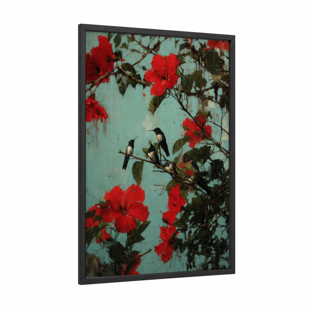 Crimson Blossom Hummingbirds framed art print — black wood frame — turquoise and red palette