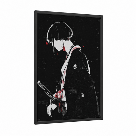 Noir Samurai framed abstract classic print — black wood frame — black and white and red palette