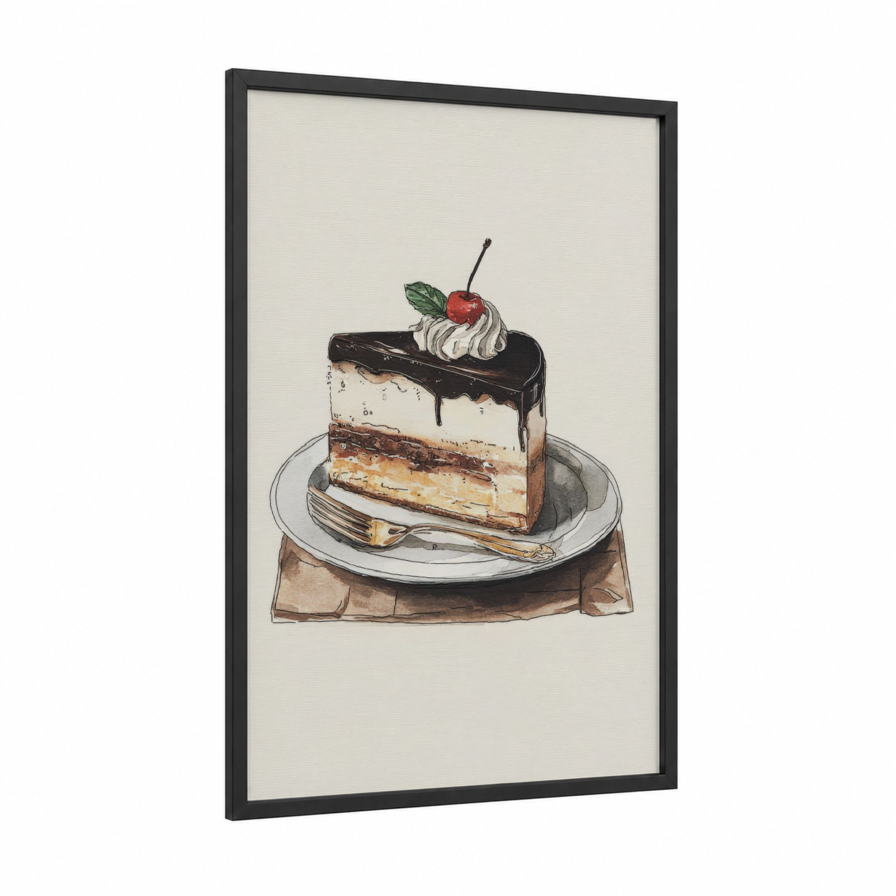 Chocolate Cake Slice framed sweet print — black wood frame — cream and brown palette