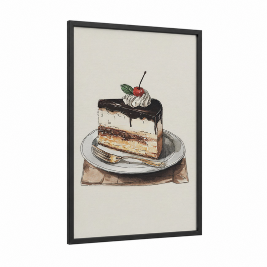 Chocolate Cake Slice framed sweet print — black wood frame — cream and brown palette