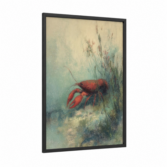 Crimson Crayfish framed art print — black wood frame — red and teal palette